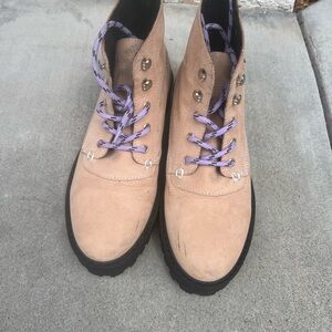 Women's Tan Combat Boots with Purple Laces